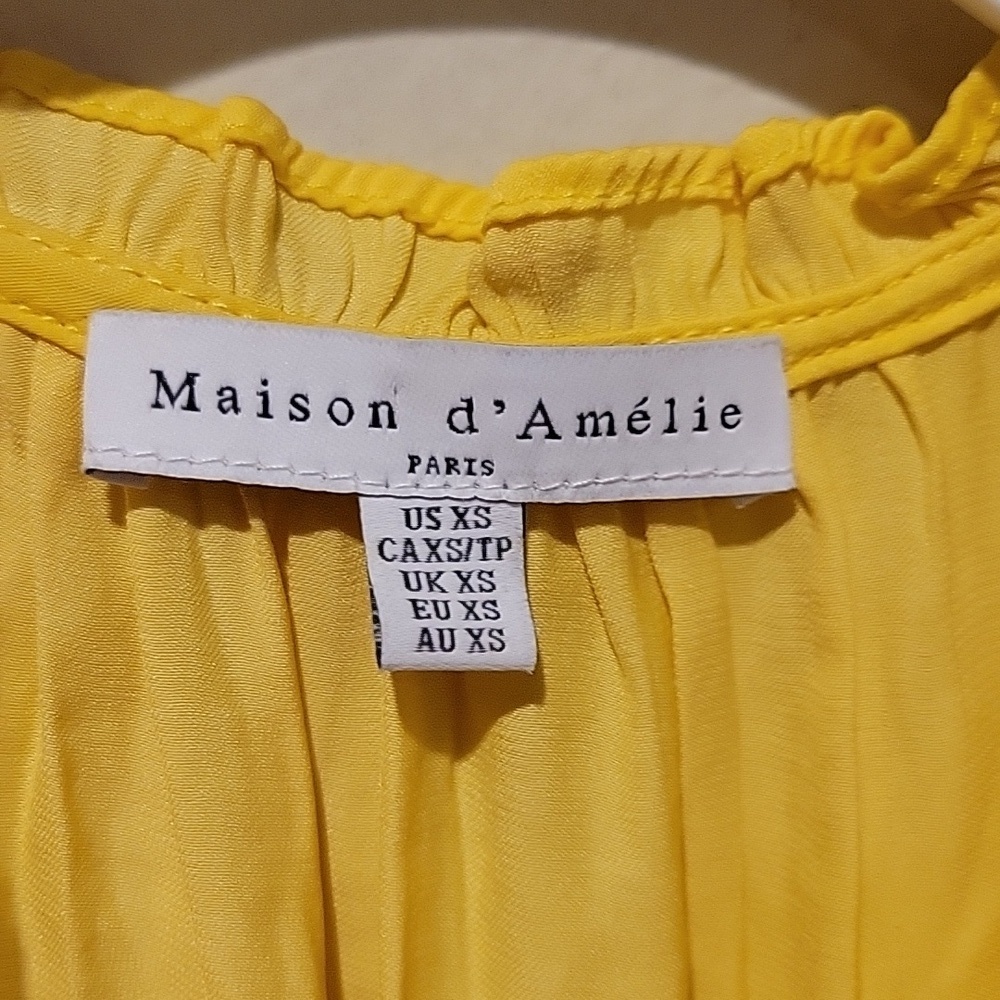 ❤️ MAISON D'AMELIE SATIN RUFFLE NECK TOP, SMOCKED, YELLOW, XS - Picture 5 of 7